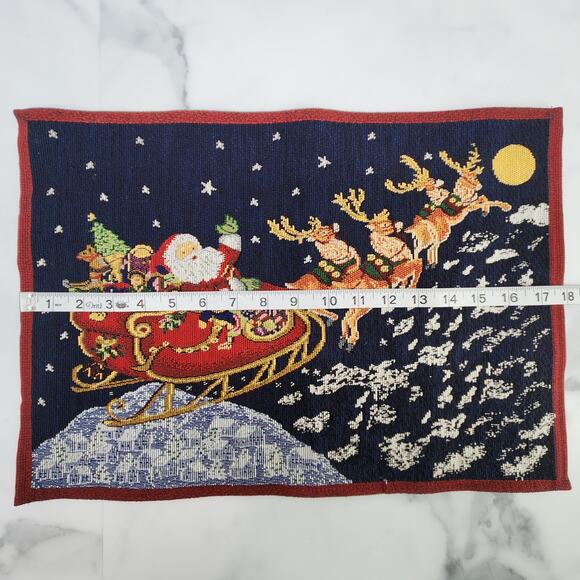 2 Christmas Tapestry Placemats Santa Sleigh Reindeer flying 12" X 18" - Picture 3 of 5